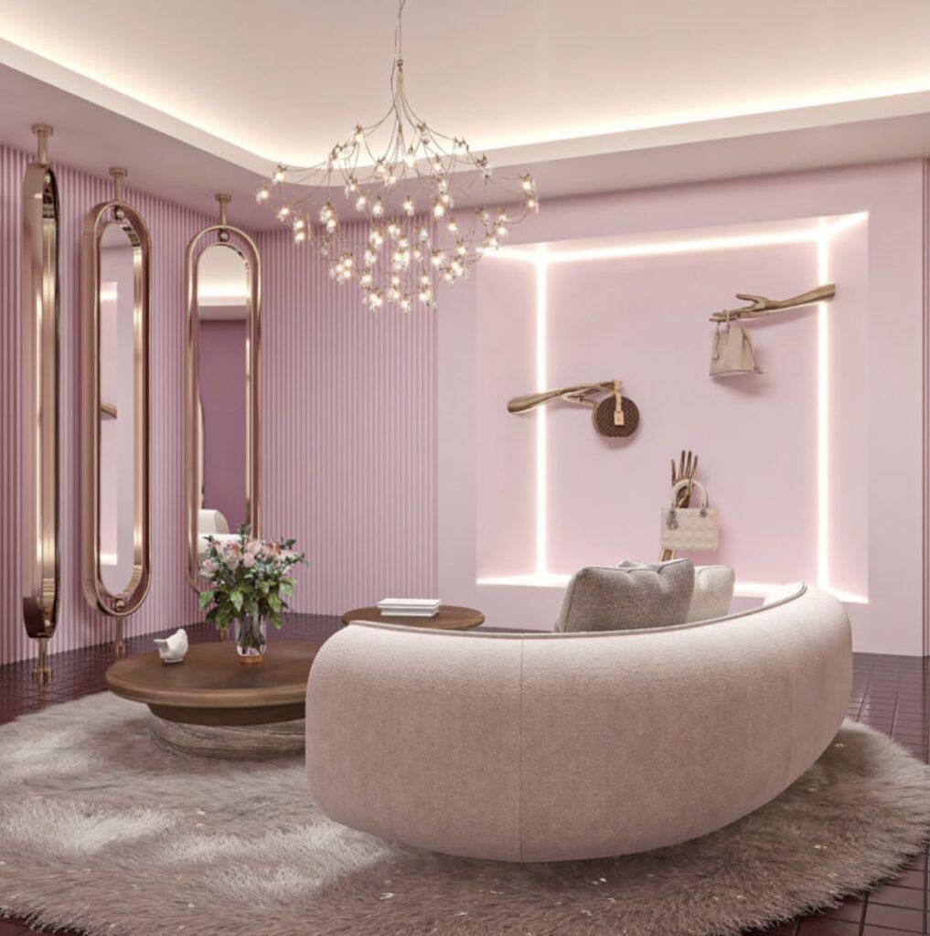 Luxury interior design reception area with curved desk, ambient lighting, and modern architectural details in Dallas, Texas