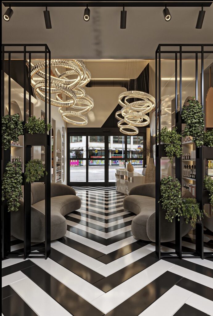 High-end interior design showcasing an elegant lobby with statement lighting and contemporary luxury finishes