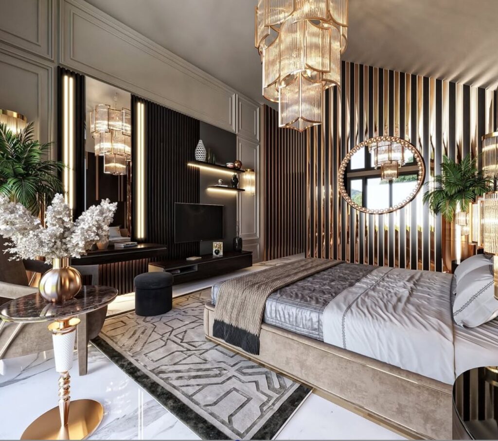 Luxury bedroom interior featuring custom wall paneling, designer chandelier, elegant furnishings, and premium finishes in Dallas, Texas