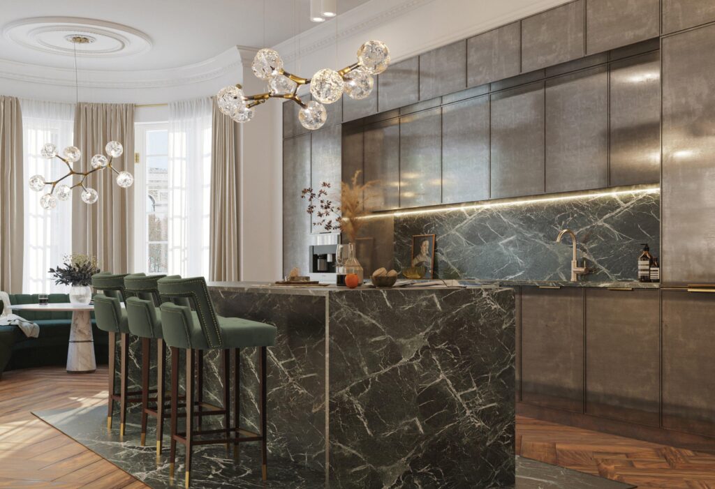 High-end luxury kitchen design featuring a black marble waterfall island, custom cabinets, and contemporary lighting.