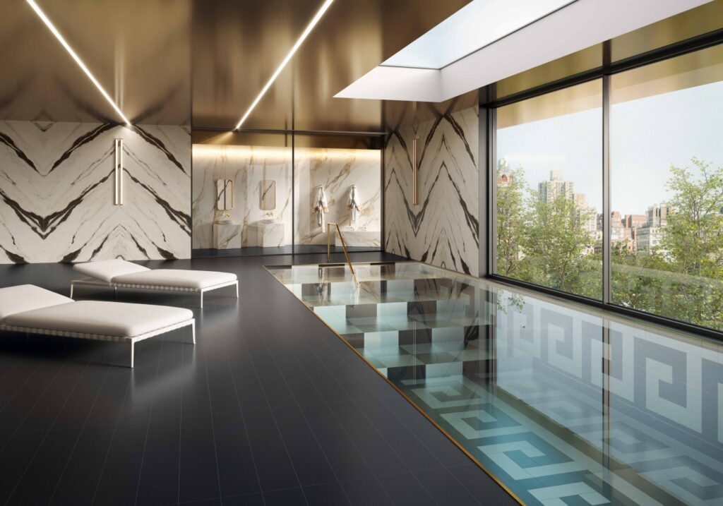 Luxury indoor pool with marble accents, contemporary architecture, and designer lighting in Dallas, Texas