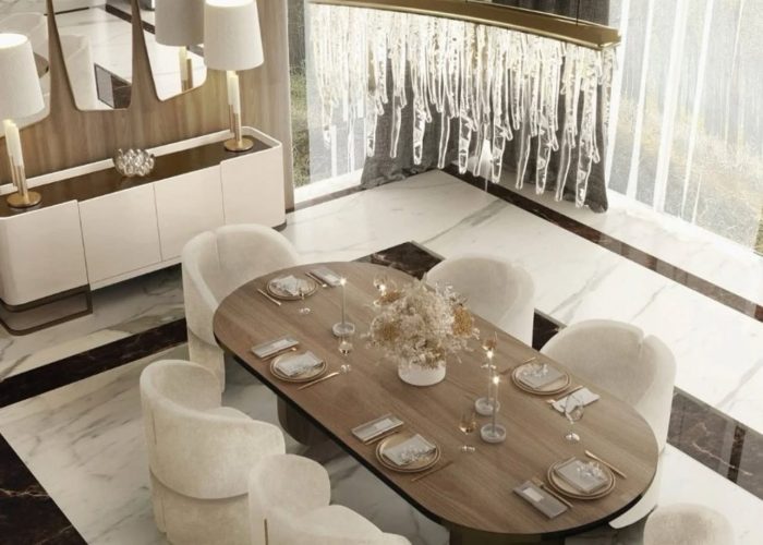 Luxury dining room featuring elegant seating, modern furnishings, and sophisticated interior design