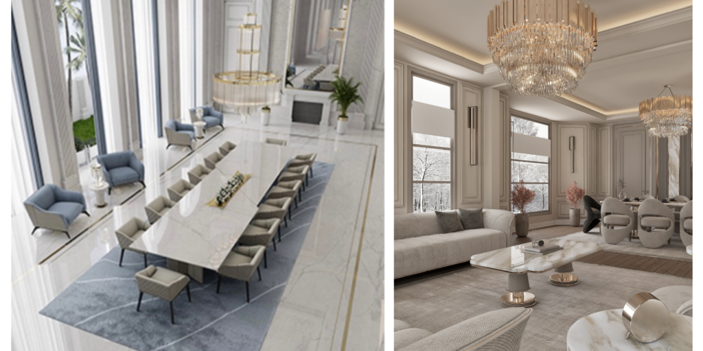Luxury residential interior design showing marble dining table with beige chairs and crystal chandelier living room
