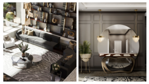 Luxury Residential Interior Design featuring a modern living room, elegant foyer, custom shelving, statement lighting, and sophisticated home interiors by Dallas Interior Design Services