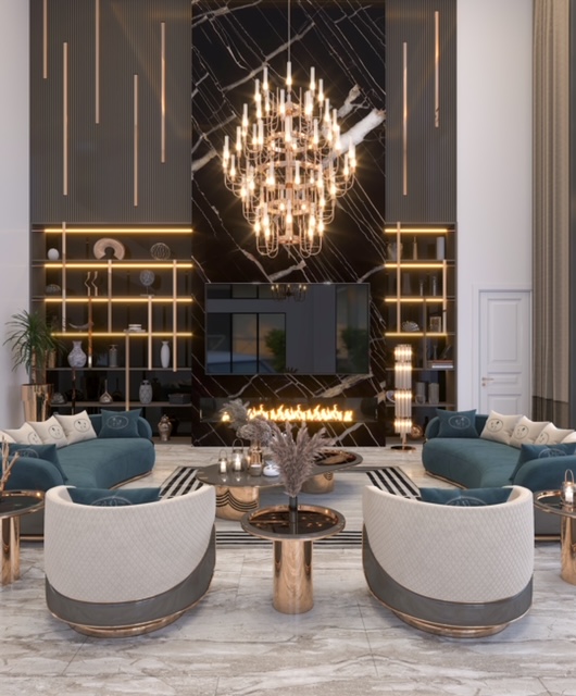 Luxurious Living Area with Marble Fireplace